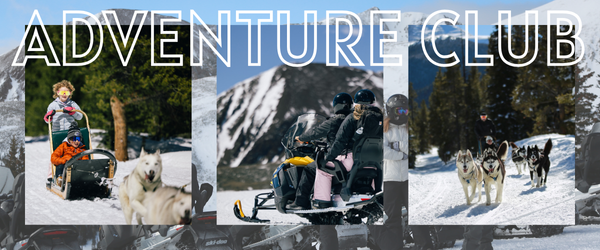 Children and adults enjoying snowmobiling and dog sledding tours at Good Times Adventures, overlaid with the text “ADVENTURE CLUB.”